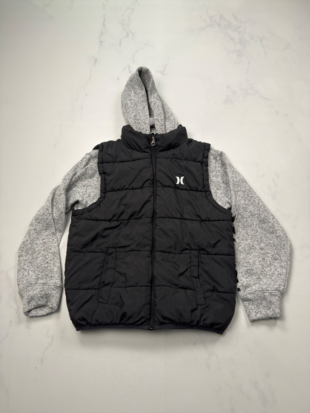 Hurley Puffer Vest Hoodie Black Gray Layered Look - Boys M